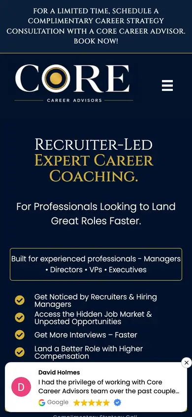 CORE Career Advisors website on mobile